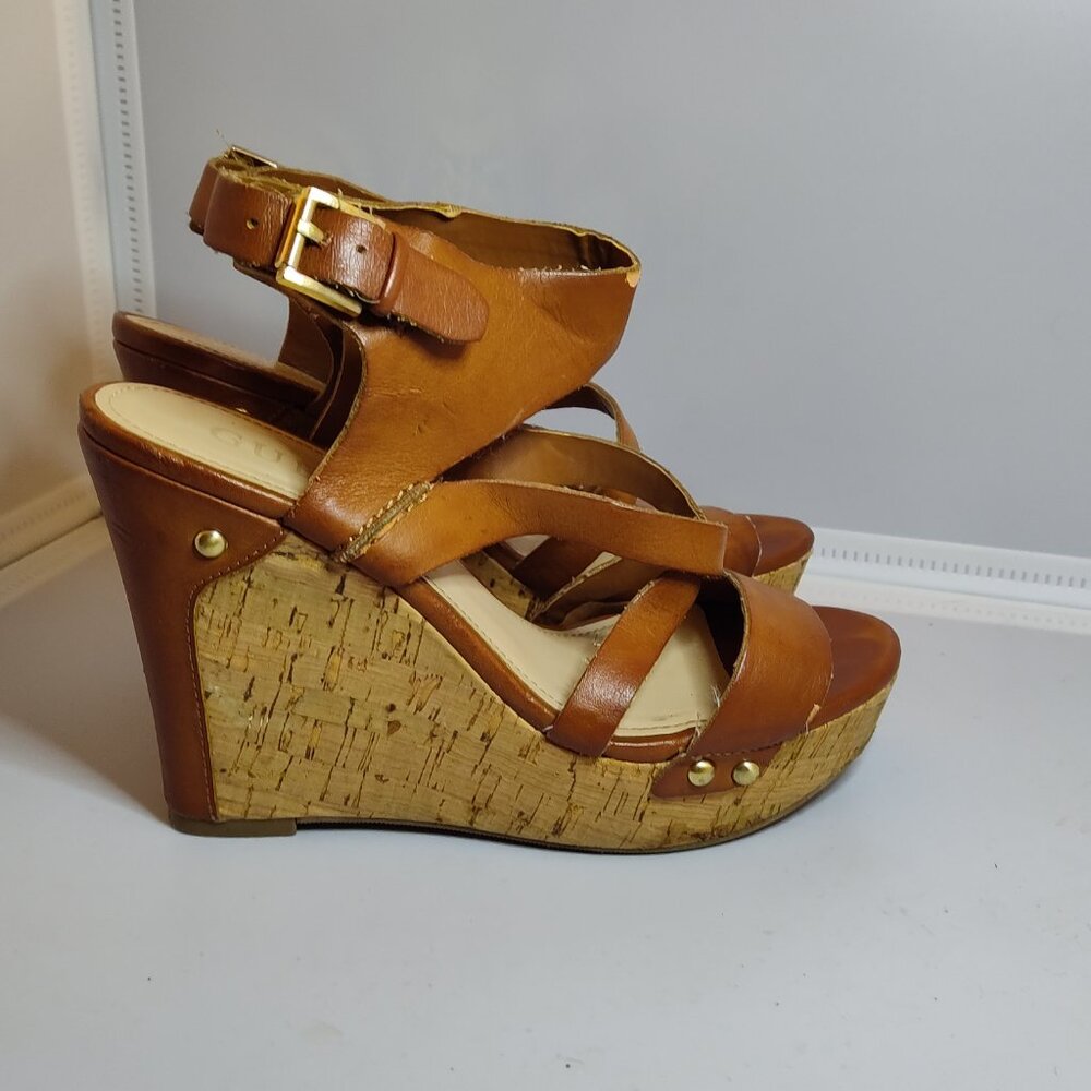 Guess Womens Brown Strap Leather Cork Wedge Sandals Size 6.5